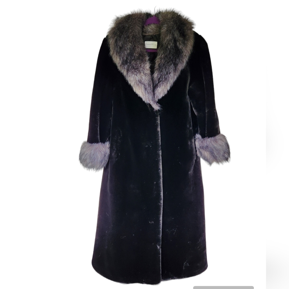Pamela McCoy black velvet size medium full length coat with faux fur trim.